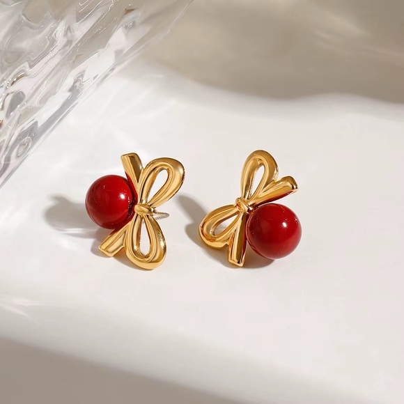 18K Gold Plated Red Bow Stud Earrings - Picture 4 of 6